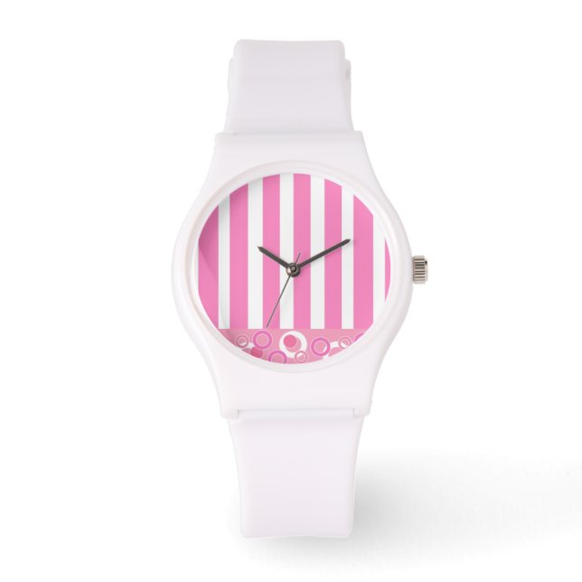 Speels roze en witte strepen horloge (Voorkant)