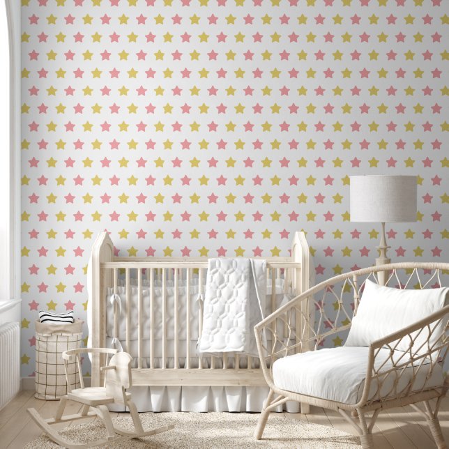 Speels roze geel minimalistisch sterpatroon behang (Kinderen)