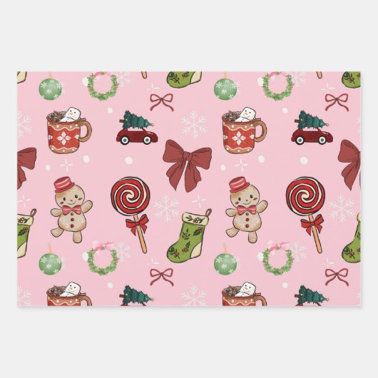 Speels roze kerstcadeaupapier inpakpapier vel (Voorkant)