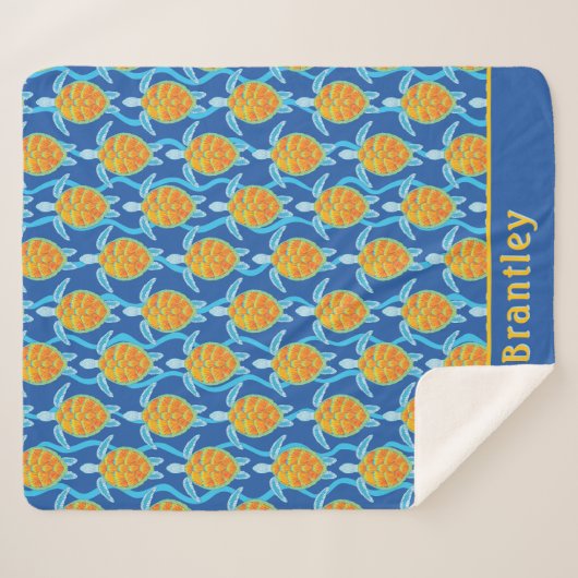 Speels Sinaasappel Blauw Zee Schildpad Design Sherpa Deken (Voorkant (horizontaal))