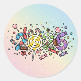 Speelse 2026 nummers gemaakt van kleurrijke snoep  ronde sticker