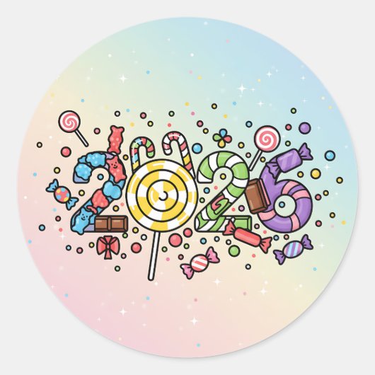 Speelse 2026 nummers gemaakt van kleurrijke snoep  ronde sticker (Voorkant)