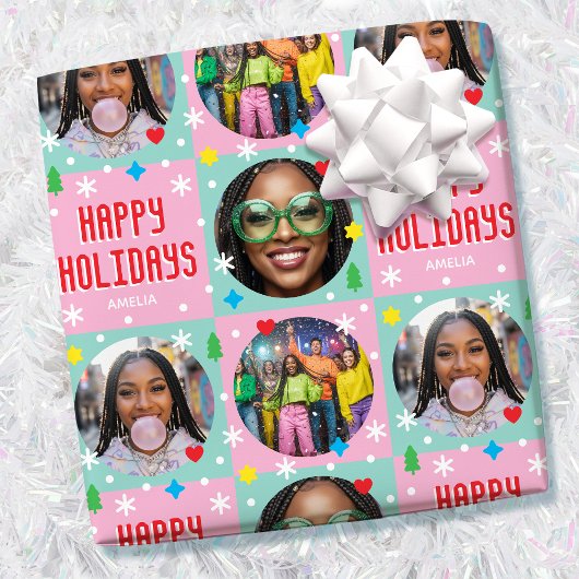Speelse aangepaste fototekst Retro roze Kerstmis Cadeaupapier