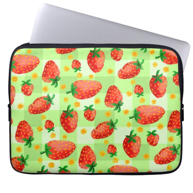 Speelse aardbeien en madeliefjes Waterverf Plaid Laptop Sleeve (Voorkant)