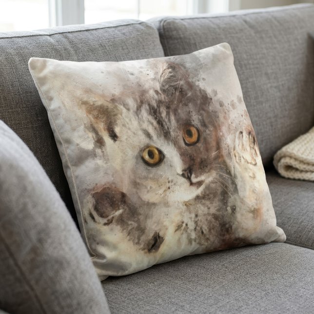 Speelse Aquarel Kitten met Helder Barnsteen Kleuri Kussen (Playful Watercolor Kitten with Bright Amber Eyes. Throw Pillow)