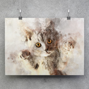 Speelse Aquarel Kitten met Helder Barnsteen Kleuri Poster