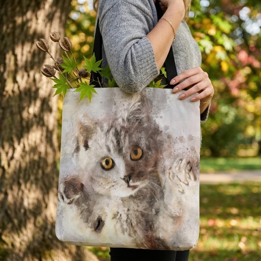 Speelse Aquarel Kitten met Helder Barnsteen Kleuri Tote Bag