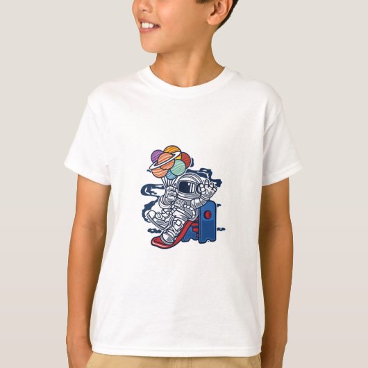 Speelse astronaut met planeetballonnen T-shirt (Voorkant)