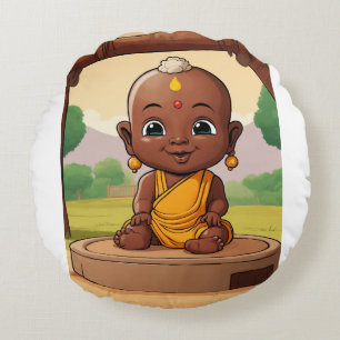 Speelse Baby Boeddha – Afrikaanse peuter Cartoon o Rond Kussen