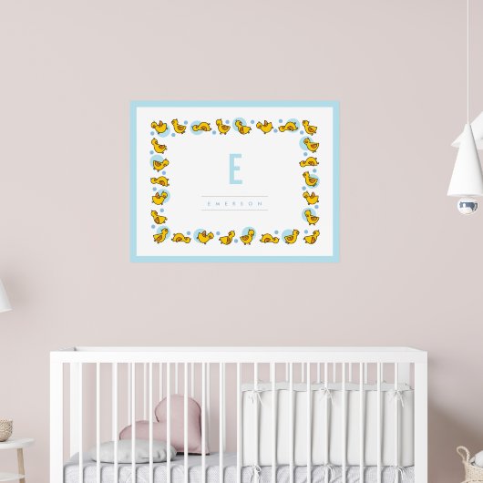 Speelse Baby Eenden Blauw Monogram Kinderkamer Muu Poster (Kinderkamer 2)