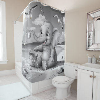 Speelse Baby Elephant Beach Adventure Schattig ple Douchegordijn