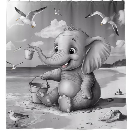 Speelse Baby Elephant Beach Adventure Schattig ple Douchegordijn (Voorkant)