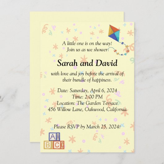 Speelse Baby shower Uitnodiging met Kite en Cubes (Voorkant / Achterkant)