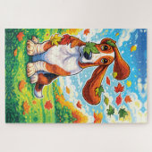 Speelse Basset Hound Herfstbladeren Cartoon Legpuzzel (Horizontaal)