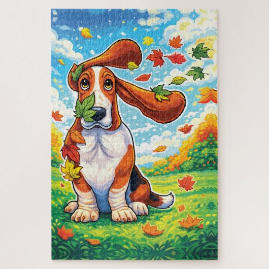Speelse Basset Hound Herfstbladeren Cartoon Legpuzzel (Verticaal)