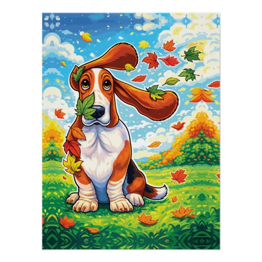 Speelse Basset Hound Herfstbladeren Cartoon Perfect Poster (Voorkant)