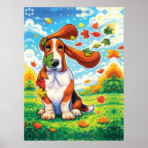 Speelse Basset Hound Herfstbladeren Cartoon Poster