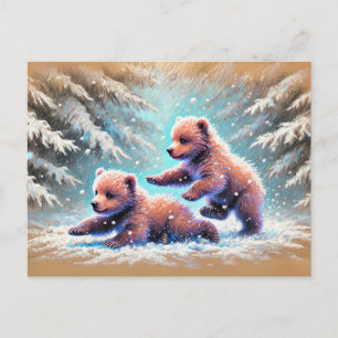 Speelse Beren welpen in Snow Pastel krijttekening Briefkaart