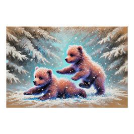 Speelse Beren welpen in Snow Pastel krijttekening Perfect Poster