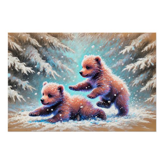 Speelse Beren welpen in Snow Pastel krijttekening Perfect Poster (Voorkant)