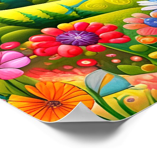 Speelse bergweide met bloemen en beek poster (Hoek)