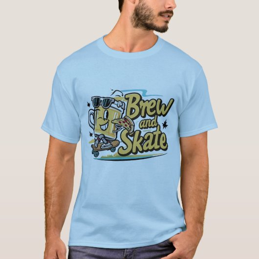 Speelse Bier Mok en Pizza T-Shirt (Voorkant)