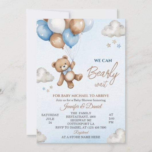 Speelse Blauw Bruin Beer Cloudy Sky Baby shower Kaart (Voorkant)