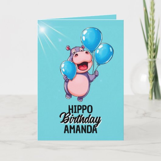 Speelse blauwe ballonnen Hippo verjaardag Kaart (Voorkant)
