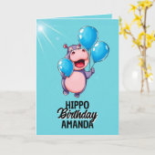 Speelse blauwe ballonnen Hippo verjaardag Kaart (Gele Bloem)