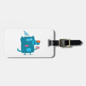Speelse Blauwe Cartoon Monster met Feesthoed Bagagelabel (Voorkant horizontaal)