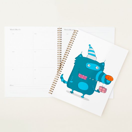 Speelse Blauwe Cartoon Monster met Feesthoed Planner
