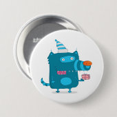 Speelse Blauwe Cartoon Monster met Feesthoed Ronde Button 7,6 Cm (Voorkant /achterkant)