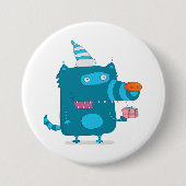 Speelse Blauwe Cartoon Monster met Feesthoed Ronde Button 7,6 Cm (Voorkant)