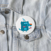 Speelse Blauwe Cartoon Monster met Feesthoed Ronde Button 7,6 Cm (In situ)