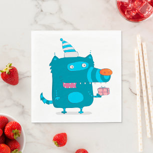 Speelse Blauwe Cartoon Monster met Feesthoed Servet