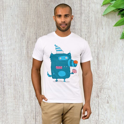 Speelse Blauwe Cartoon Monster met Feesthoed T-shirt
