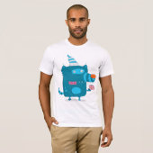 Speelse Blauwe Cartoon Monster met Feesthoed T-shirt (Voorkant volledig)
