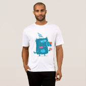 Speelse Blauwe Cartoon Monster met Feesthoed T-shirt (Voorkant volledig)