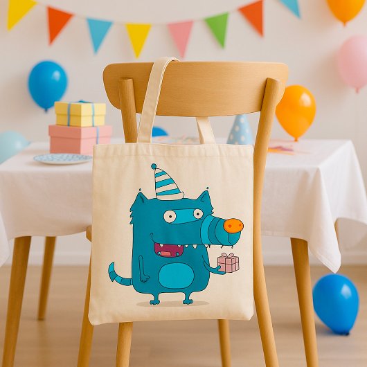 Speelse Blauwe Cartoon Monster met Feesthoed Tote Bag