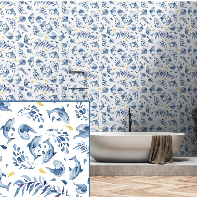 Speelse Blauwe Dolfijnen en Golven Behang (Creator heeft geüpload)