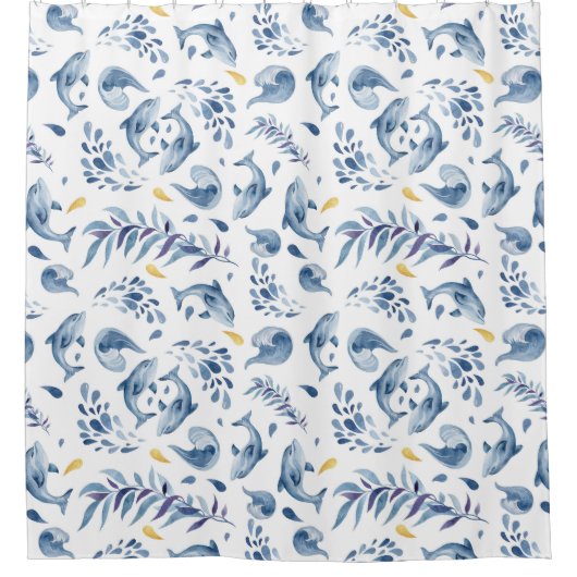 Speelse Blauwe Dolfijnen en Golven Douchegordijn (Voorkant)