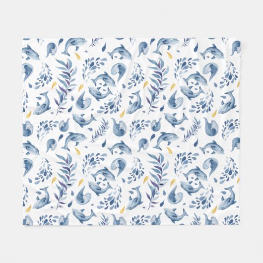 Speelse Blauwe Dolfijnen en Golven Fleece Deken (Voorkant (Horizontaal))