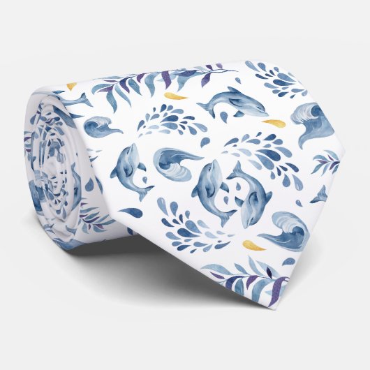 Speelse Blauwe Dolfijnen en Golven Stropdas (Opgerold)