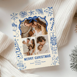 Speelse Blauwe Doodle 3 Foto Kerstmis Feestdagenkaart