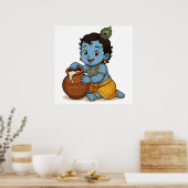 Speelse Blauwe Gele Baby Krishna Kunst Design Poster (Keuken)