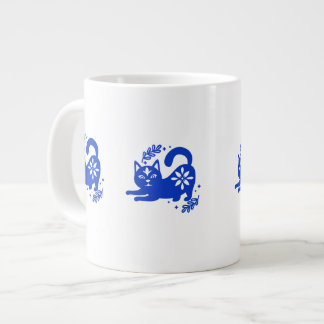 Speelse Blauwe Kat Jumbo Koffiemok – CozyBun Grote Koffiekop
