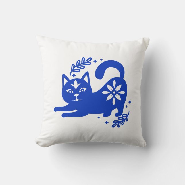 Speelse Blauwe Kat Worp Kussen – CozyBun (Voorkant)