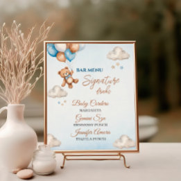 Speelse Blauwe Teddy Ballon Baby Shower Bar Menu Poster