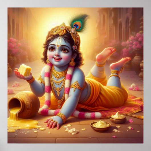 Speelse Blauwe Traditionele Bala Krishna Kunst Des Poster (Voorkant)