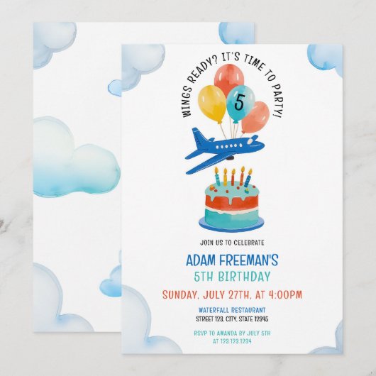 Speelse Blauwe Vliegtuig Jongens 5e Verjaardag Kaart (Voorkant / Achterkant)